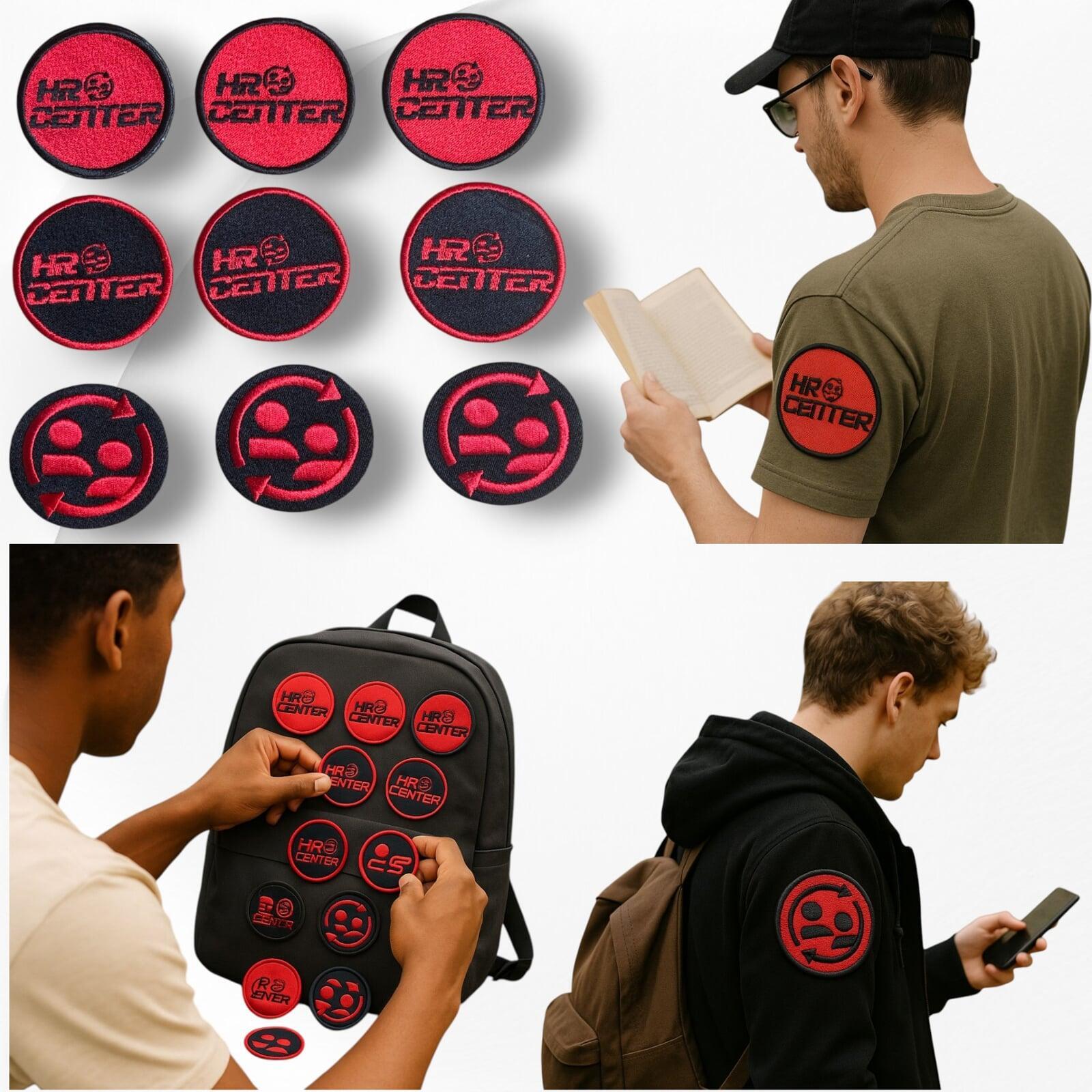 Custom embroidered patch displayed on a backpack, T-shirt shoulder, and flat lay — highlighting versatile branding and personal style options.