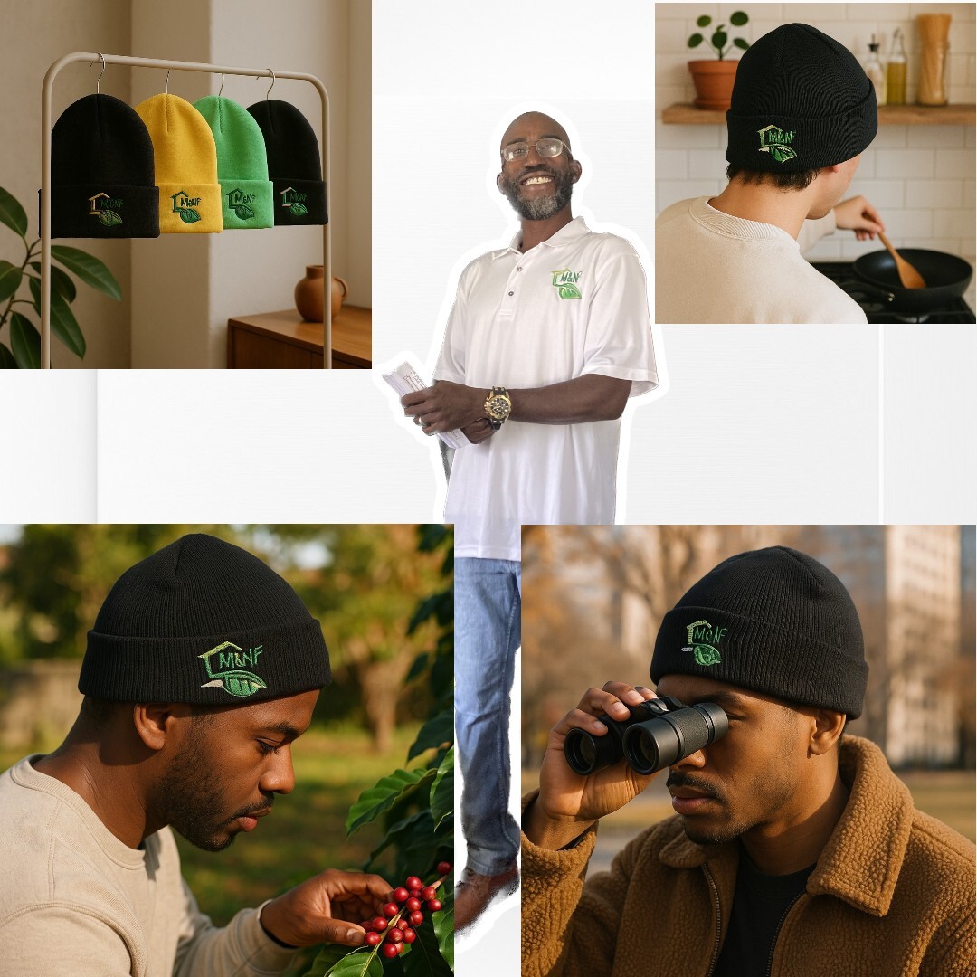 Embroidered company logo on shirt and multiple color beanies, displayed to show branding consistency across apparel and accessories.