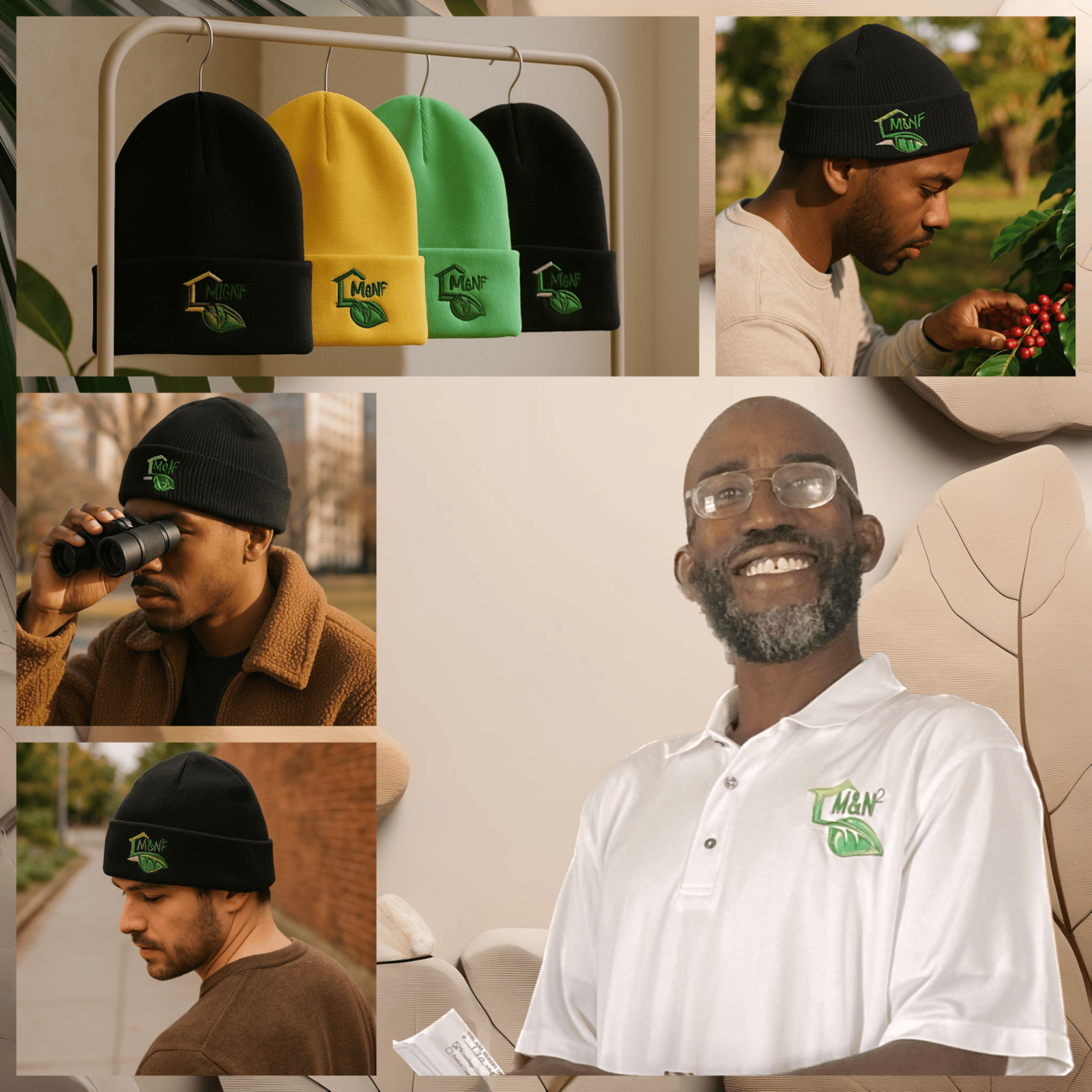 Embroidered company logo on shirt and multiple color beanies, displayed to show branding consistency across apparel and accessories.